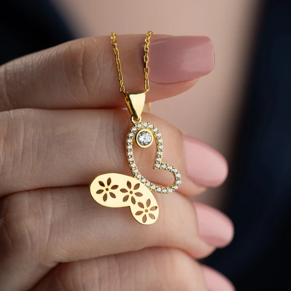 Vaoov 925 Ayar Gümüş Çiçek Desenli Taşlı Kelebek Kolye ürün görseli 1