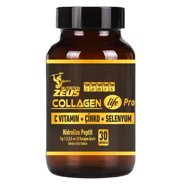 Zeus Nutrition Collagen Life 5 Tip Kolajen Tip 1, Tip 2, Tip 3, Tip 5 ,tip 10, ( Selenyum , C Vitamini Ve Çinko ) 30 Kapsül