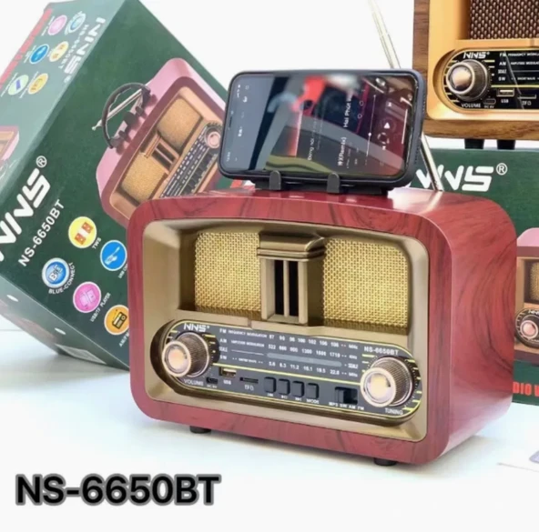 NS-6650 Büyük Boy Telefon Tutma Aparatlı Retro Ahşap Tasarım Bluetooth Hoparlörlü Radyo Fm/am - Resim 3