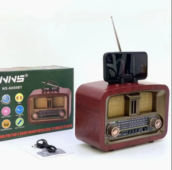 NS-6650 Büyük Boy Telefon Tutma Aparatlı Retro Ahşap Tasarım Bluetooth Hoparlörlü Radyo Fm/am ürün görseli