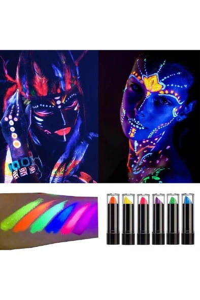 6 Adet Glow Parti Ruj Karanlıkta Parlayan Yanan Uv Neon Fosforlu Lipstick Dudak Yüz Boyama - 7
