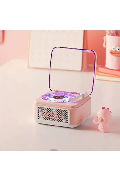 Nostalji Mini Plak Görünümlü Radyolu Bluetooth Hoparlör 3d Ses Dalgası Retro Müzik Plak Pembe - 3