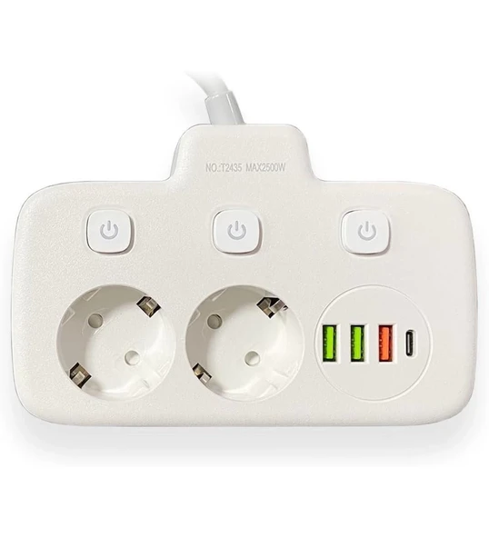 Akım Korumalı 2 li Ayrı Anahtarlı Priz, 2x Priz, 3x Usb, 1x Type-c, 2 Mt Kablo, Hızlı Şarj - 3