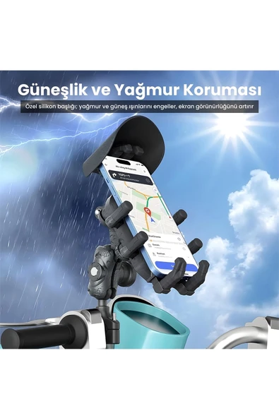 Gidon Bağlantılı Güneş Ve Yağmur Korumalı 360° Derece Ayarlanabilir Motosiklet Bisiklet Telefon Tutucu - 4