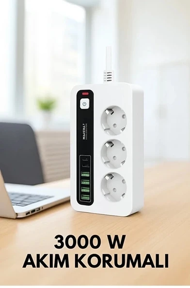 P10 3x Priz 3000w Akım Korumalı 4x Usb 2x Type-c Girişli Çoklu Priz - 2