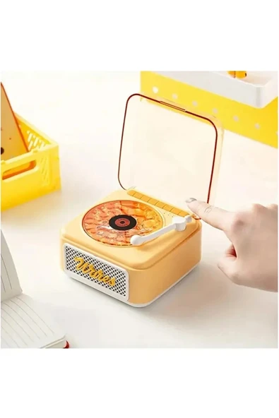 Nostalji Mini Plak Görünümlü Radyolu Bluetooth Hoparlör 3d Ses Dalgası Retro Müzik Plak Sarı - 2