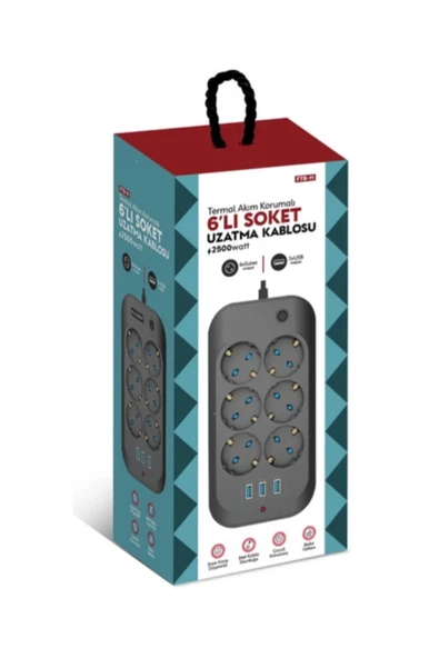 Termal Akım Korumalı, Çocuk Korumalı, 6 lı 2 Mt Uzatma Kablosu 6 X Priz, 3 X Usb - 2