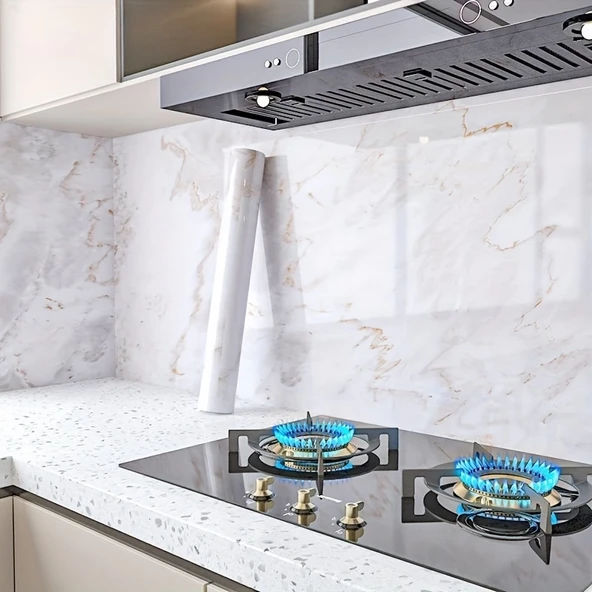 Mermer Desenli Mutfak Duvar Kağıdı Sticker - 5mx60cm Su Geçirmez, Yağa Dayanıklı, Yüksek Sıcaklığa Dayanıklı Tezgah, Dolap, Ocak Yenileme Folyosu T04 - 8