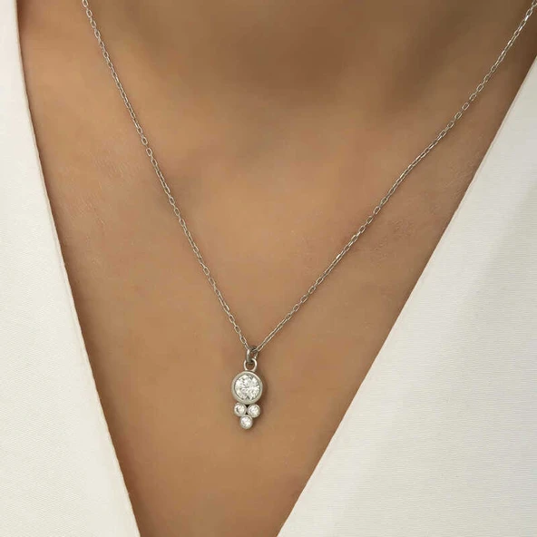 925 Ayar Gümüş Çiğ Damlası Yuvarlak Tektaş Bayan Gümüş Kolye T5973 (599599) - Resim 3