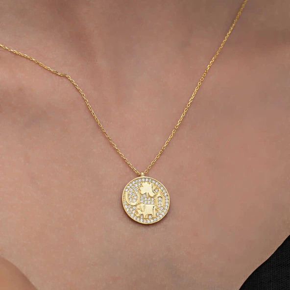925 Ayar Gümüş Gold Fil Motifli Şans Kadın Kolye T8331 (599599) - Resim 3