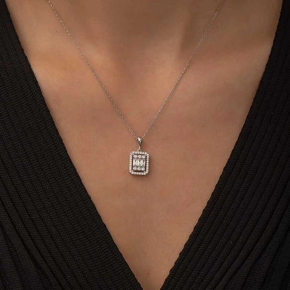 925 Ayar Gümüş Baget Taşlı Kadın Gümüş Kolye T5156 (599599) - Resim 2