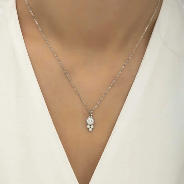 925 Ayar Gümüş Çiğ Damlası Yuvarlak Tektaş Bayan Gümüş Kolye T5973 (599599) - Resim 4