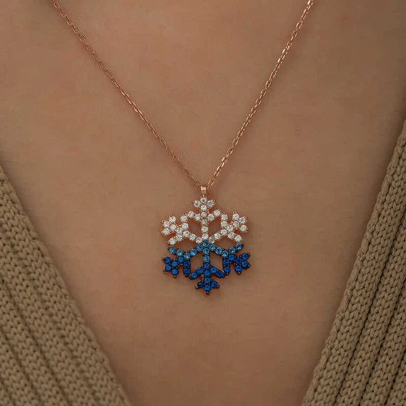 925 Ayar Gümüş Mavi Taşlı Kar Tanesi Kadın Gümüş Kolye T5152 (599599) - Resim 2