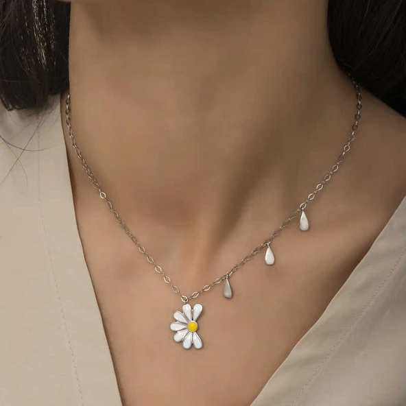 925 Ayar Gümüş Papatya Seviyor Sevmiyor Bayan Gümüş Kolye T5980 (599599) - Resim 3