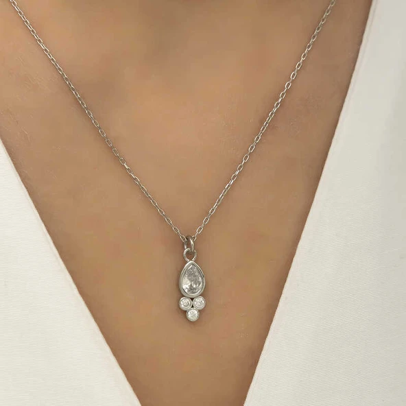 925 Ayar Gümüş Çiğ Damlası Tektaş Kadın Gümüş Kolye T5974 (599599) - Resim 3