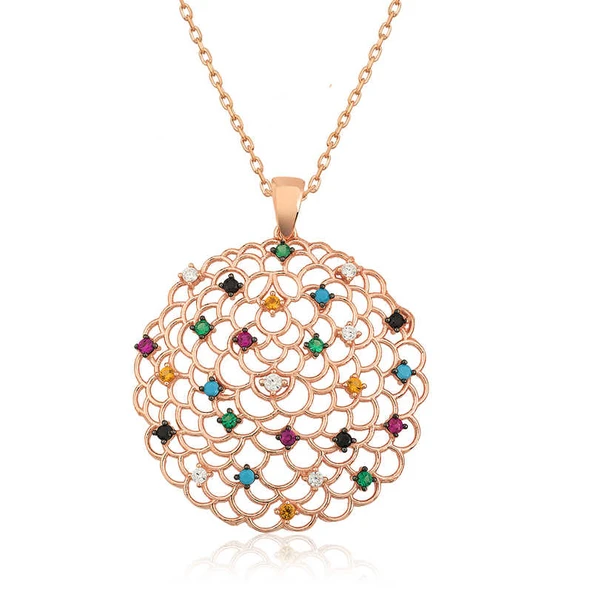 925 Ayar Gümüş Geometrik Desenli Madalyon Kadın Gümüş Kolye T4465 (599599) ürün görseli 1