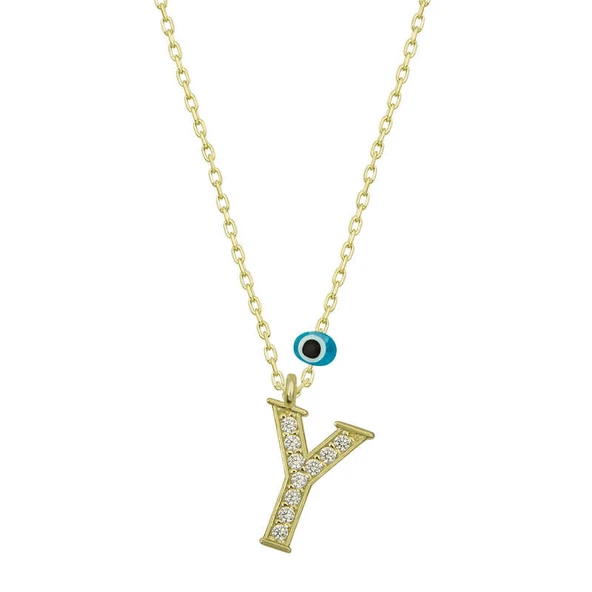 925 Ayar Gümüş Nazar Gold Y Harfi Kadın Gümüş Kolye T6801 (599599) - 1