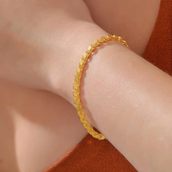 925 Ayar Gümüş Gold Pullu Zincir Kadın Bileklik T8278 (599599) - Resim 5