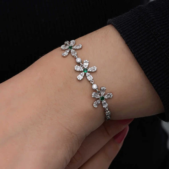 925 Ayar Gümüş Baget Çiçek Desenli Kadın Bileklik T8567 (599599) - Resim 4