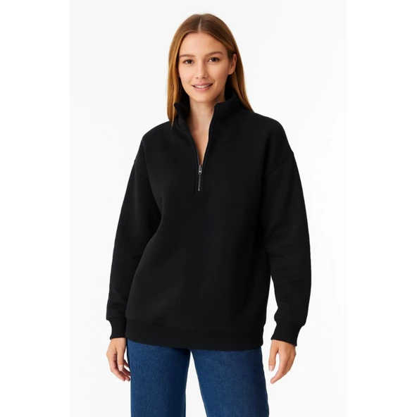 Lucky Life Üç İplik Dık Yaka Yarım Fermuarlı SweatShirt - Siyah - 2