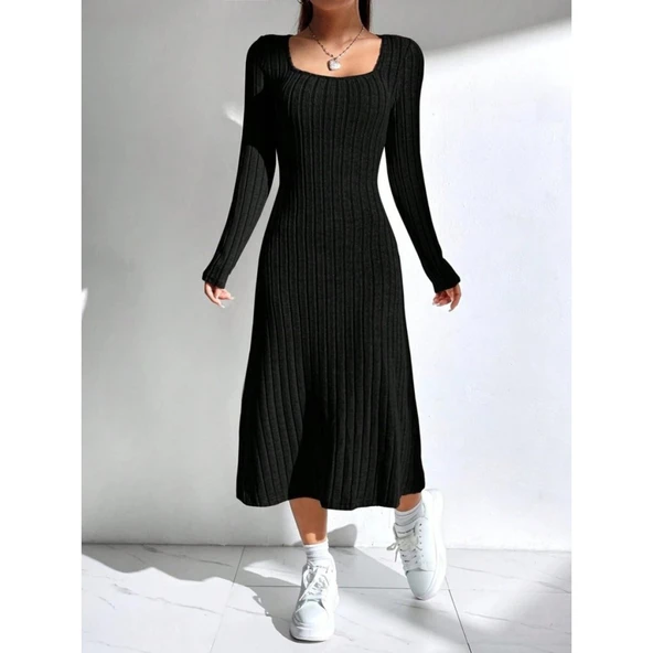 Lucky Life Kadın Uzun Kollu Kare Yaka Midi Kaşkorse Elbise - Resim 4