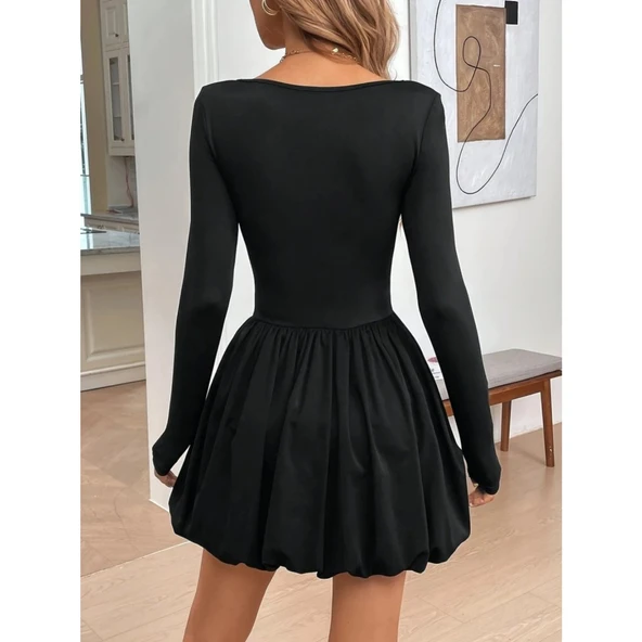 Lucky Life Kadın Uzun Kollu Kare Yaka Mini Balon Modal Elbise - 3