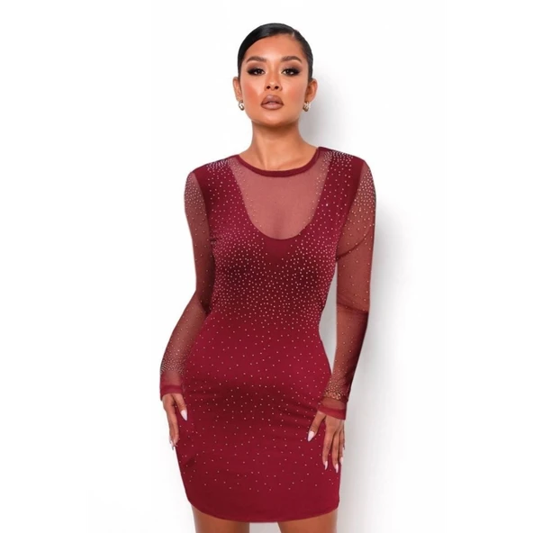 Lucky Life Kadın Uzun Kollu Yuvarlak Yaka Dekolteli Taşlı Dalgıç Elbise - Resim 5