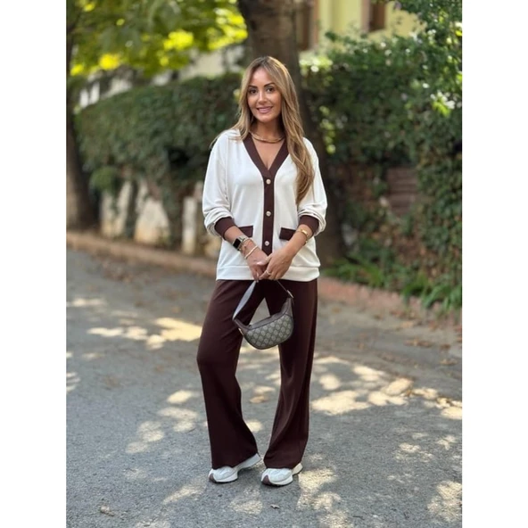 Lucky Life Kadın Uzun Kollu Ribanali Cep Detay Hırka Ve Bol Paça Pantolon Ikili Takım - 5