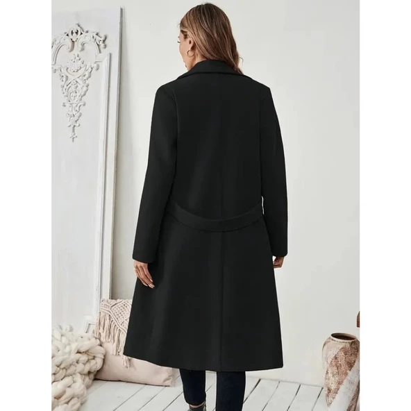 Lucky Life Kadın Uzun Kollu Yakalı Belde şerit Düğme Detaylı Cepli Mini Kaşe Kaban - 5