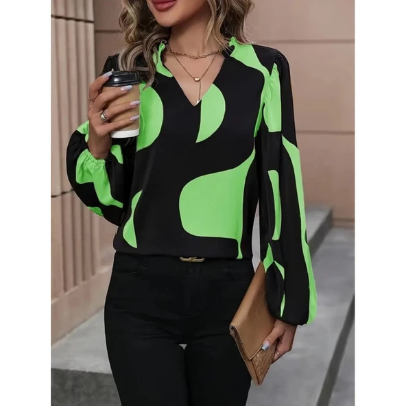 Lucky Life Kadın Uzun Kollu V Yakalı Desenli Modal Bluz - 9