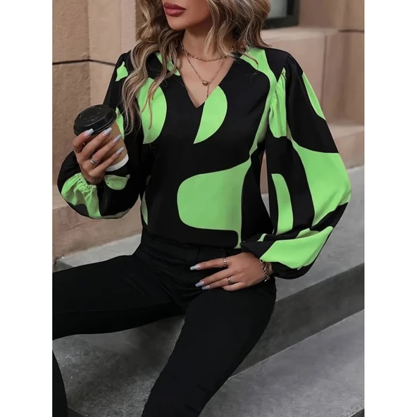 Lucky Life Kadın Uzun Kollu V Yakalı Desenli Modal Bluz - 11