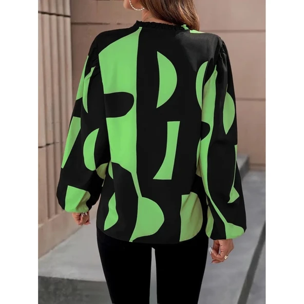 Lucky Life Kadın Uzun Kollu V Yakalı Desenli Modal Bluz - 4