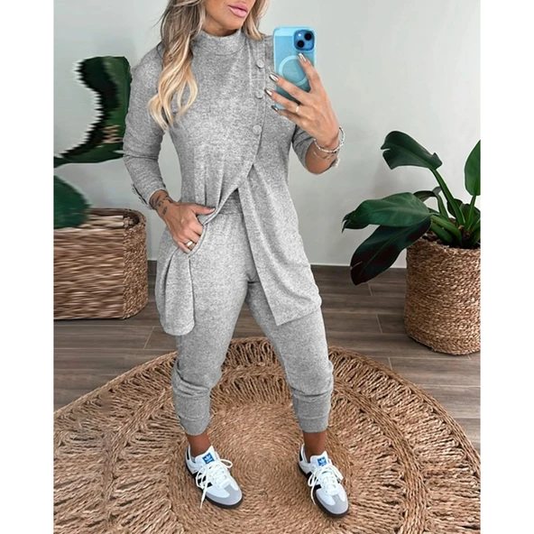 Lucky Life Kadın Uzun Kollu Balıkçı Yaka önden Düğmeli Bluz Ve Pantolon Yumoş Ikili Takım - 2