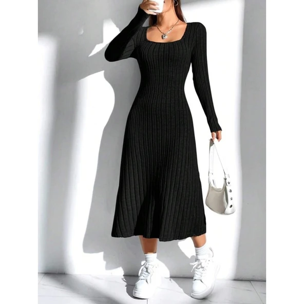 Lucky Life Kadın Uzun Kollu Kare Yaka Midi Kaşkorse Elbise ürün görseli 1