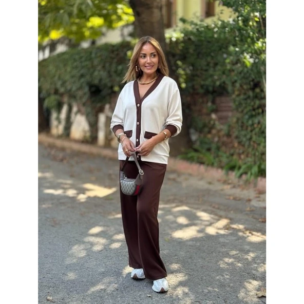 Lucky Life Kadın Uzun Kollu Ribanali Cep Detay Hırka Ve Bol Paça Pantolon Ikili Takım - 11