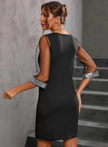 Lucky Life Kadın Uzun Kollu V Yaka Ve Kol Ucu Pul Payet Krep Elbise - Resim 4