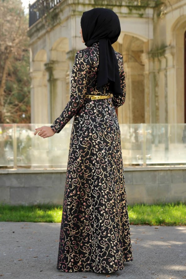 Brokar Kumaş Tesettür Abiye Elbise - Siyah - 3