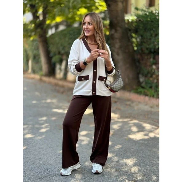 Lucky Life Kadın Uzun Kollu Ribanali Cep Detay Hırka Ve Bol Paça Pantolon Ikili Takım - 16