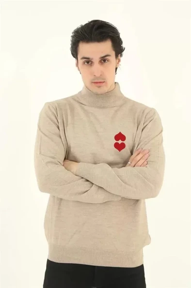 Unisex Yarım Boğazlı Baskılı Dokuma Triko - Bej ürün görseli 1