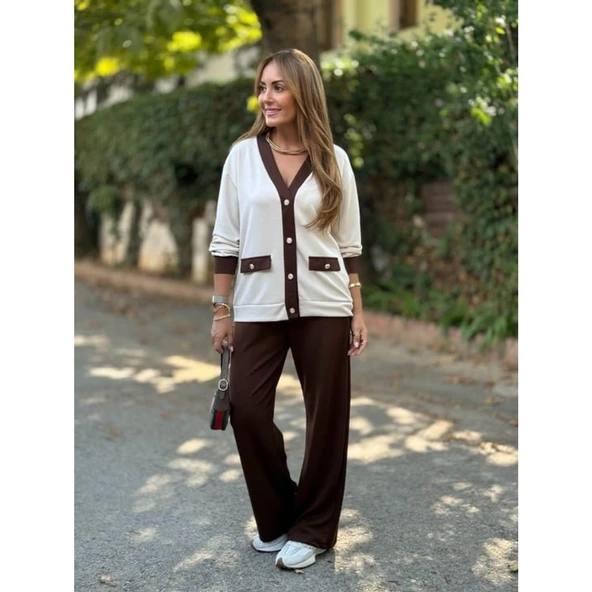 Lucky Life Kadın Uzun Kollu Ribanali Cep Detay Hırka Ve Bol Paça Pantolon Ikili Takım - 2