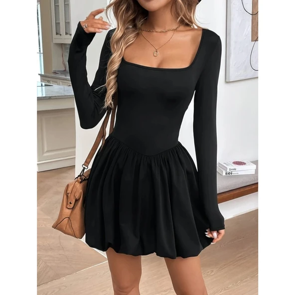 Lucky Life Kadın Uzun Kollu Kare Yaka Mini Balon Modal Elbise - 2