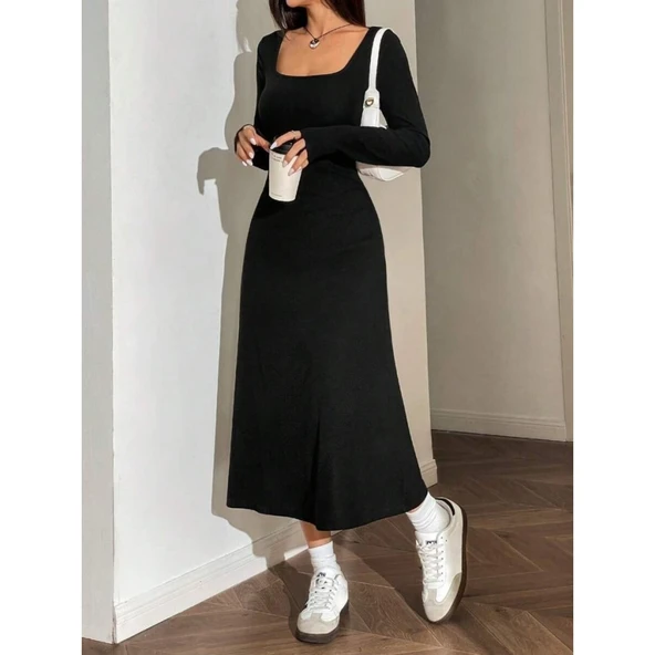 Lucky Life Kadın Uzun Kollu Kare Yaka Midi Kaşkorse Elbise - Resim 5