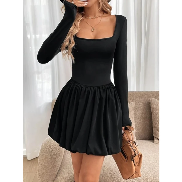 Lucky Life Kadın Uzun Kollu Kare Yaka Mini Balon Modal Elbise