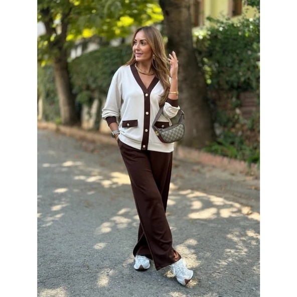 Lucky Life Kadın Uzun Kollu Ribanali Cep Detay Hırka Ve Bol Paça Pantolon Ikili Takım - 17