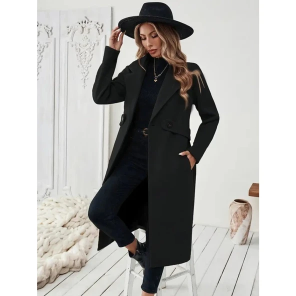 Lucky Life Kadın Uzun Kollu Yakalı Belde şerit Düğme Detaylı Cepli Mini Kaşe Kaban