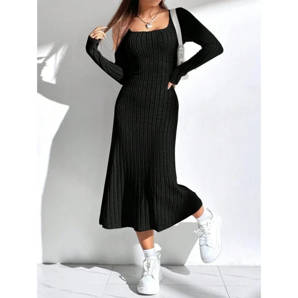 Lucky Life Kadın Uzun Kollu Kare Yaka Midi Kaşkorse Elbise - Resim 2