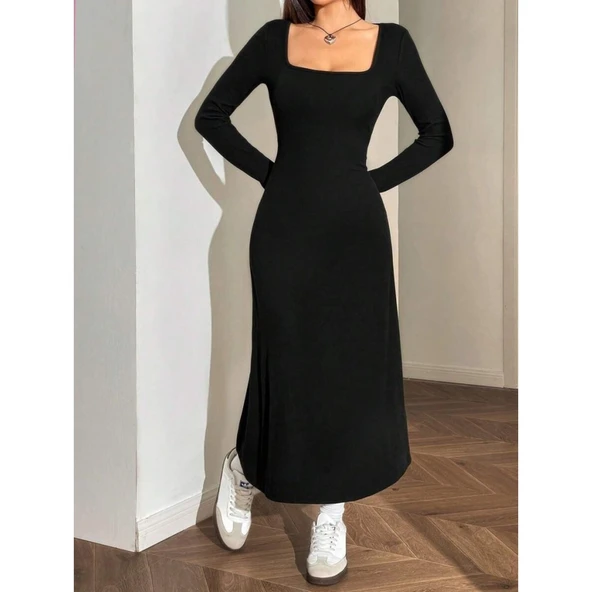 Lucky Life Kadın Uzun Kollu Kare Yaka Midi Kaşkorse Elbise - Resim 6