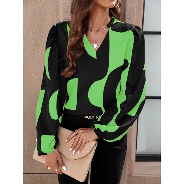 Lucky Life Kadın Uzun Kollu V Yakalı Desenli Modal Bluz - 2