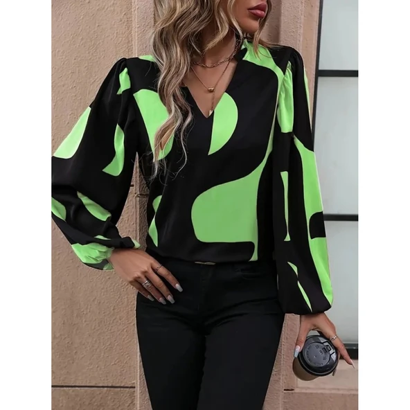 Lucky Life Kadın Uzun Kollu V Yakalı Desenli Modal Bluz - 13