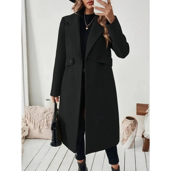 Lucky Life Kadın Uzun Kollu Yakalı Belde şerit Düğme Detaylı Cepli Mini Kaşe Kaban - 3